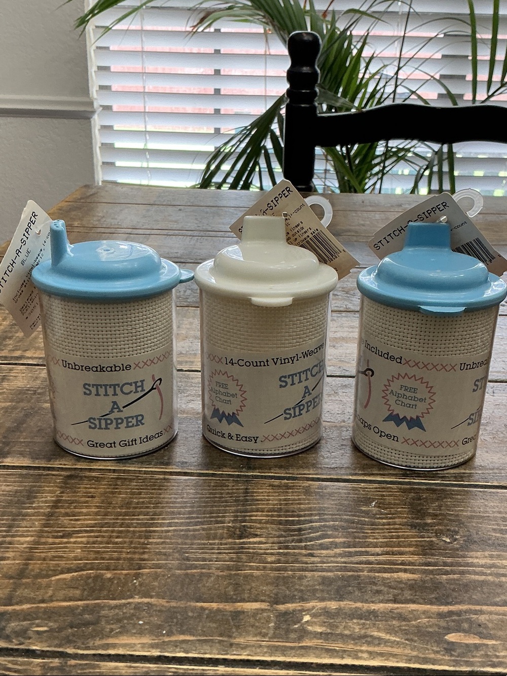 Lot of 3 Crafters Pride Stitch-A-Sipper Cross Stitch Cups White Blue Baby Sipper